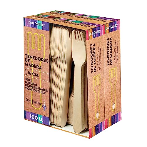 DON PALILLO - 200 disposable wooden forks, 16 cm. 100% natural, eco-friendly, biodegradable