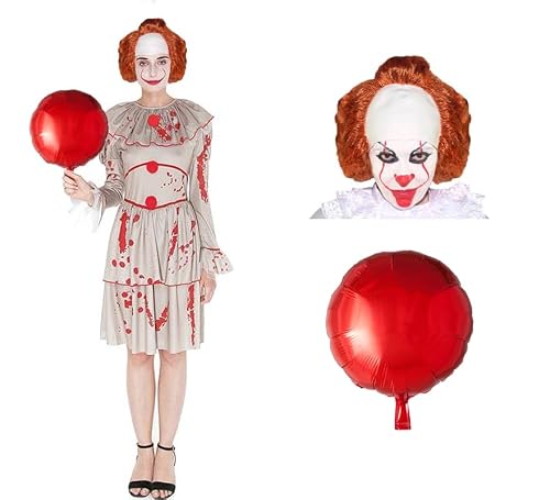 ZZ DISFRAZZES | Disfraz Payaso Asesino Mujer, Kit Disfraz Payasa Terrorífica Globo, Disfraz Payasa Adulto - Disfraz Payasa Asesina Halloween (Talla L)