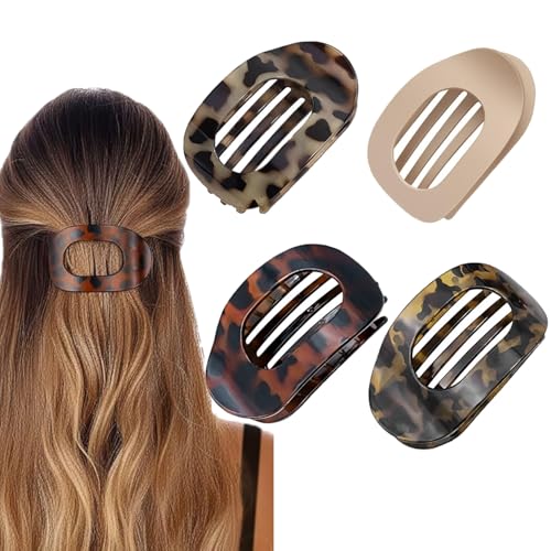 4 PCS Flat Claw Clip for Women, Round Lay Down Hair Clips Girls, French Strong Hold Hair Barrettes for Thick Thin Hair,Comfortable Curved Flat Clips for Lying,Daily Styling Gifts (Mixed)