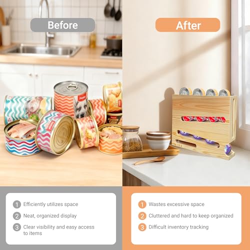 Wood Cat Food Can Organizer, 3-Tier Stackable FIFO Pantry Organizer, Holds 21(3oz) Cans, Upgraded Wall-Mounted Pet Food Can Container for Kitchen Cabinet & Countertop(No Installation Required) by MuyuRise - Used condition - Image 6
