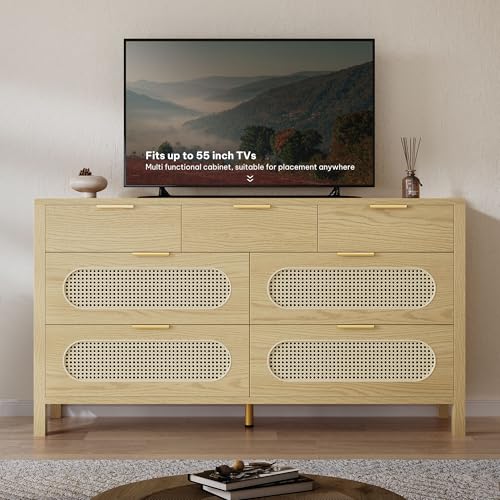 DWVO TV Stand 7 Drawer Dressers Storage Cabinet Natural Rattan Oak Wooden Chest with Golden Handles - Modern Large Closet Boho for Living Room/Hallway/Entryway