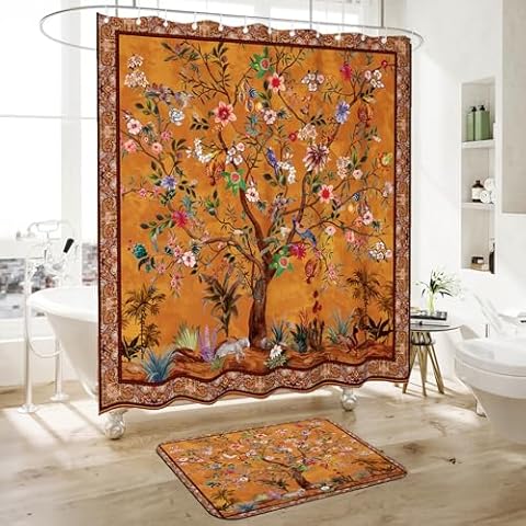 WC WAH CHUN Shower Curtain Set with Non-Slip Quick Dry Rugs 16 x 24 and Bathroom Colorful Boho Floral Print Waterproof Fabric Bath Shower Curtain 72" x 72" Cover
