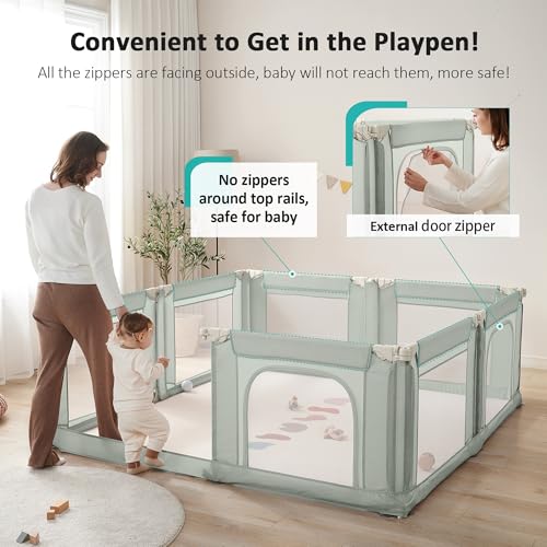 Image of Doradotey Adjustable Baby Playpen with Adult Door, Foldable Large Playpen for Babies and Toddlers, Breathable Mesh Indoor Baby Playard, Safe Fence, 79 x 71 Inch, Green