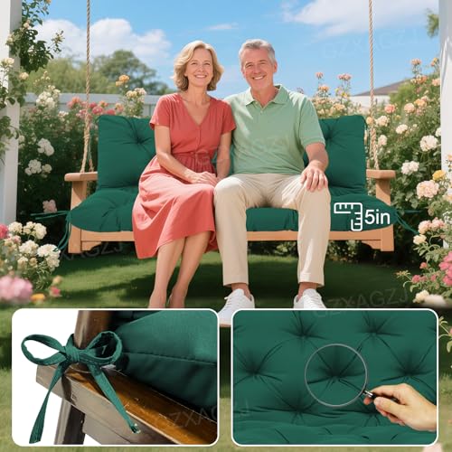 Image of Outdoor Swing Cushions 60 inch Waterproof Porch Swing Cushions 2-3 Seater Replacement with Backrest and Ties Swing Bench Cushions for Outdoor Furniture Patio Porch Backyard Garden(Dark Green)