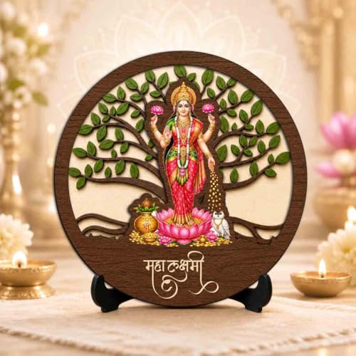 Image of Lakshmi Maa Wooden Idol with Stand for Home Temple, Puja Room, Office Desk & Indoor Mandir Decor - 5x5 Inch