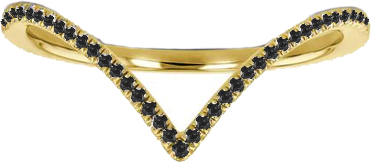 Round Cut Black Diamond Matching Contour Chevron V Shape Ring For Women, 14K Gold Finish Diamond V Shape Anniversary Wedding Band