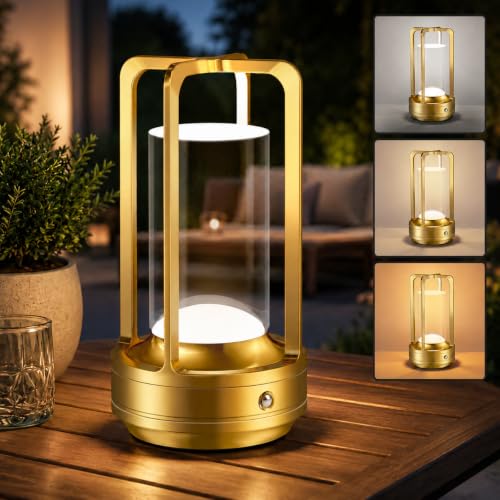 Rechargeable Table Lamp for Outdoor Indoor: Cordless Portable Table Lamps with 3 Color Stepless Dimmable - LED Metal Battery Operated Lantern - Small Table Lamp for Bedroom/Bar/Coffee Shop/Camping