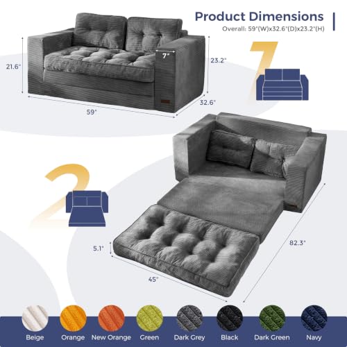 Image of MAXYOYO Convertible Sofa Bed, Loveseat Sofa Couch for Adults, 2 in 1 Folding Couch Bed, Fold Out Floor Couch for Living Room Bedroom Lounge, Dark Grey