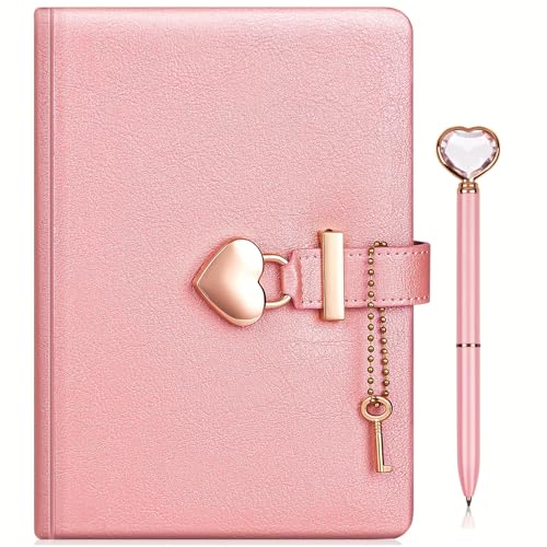 Diary with Lock for Girls, A5 PU Leather Notebook with Lock, Secret Diary for Girls, Heart Shaped Lock Journal with Key, 144 Sheets Password Lock Notebook with Pen for Travel Diary Office Notepad,Pink