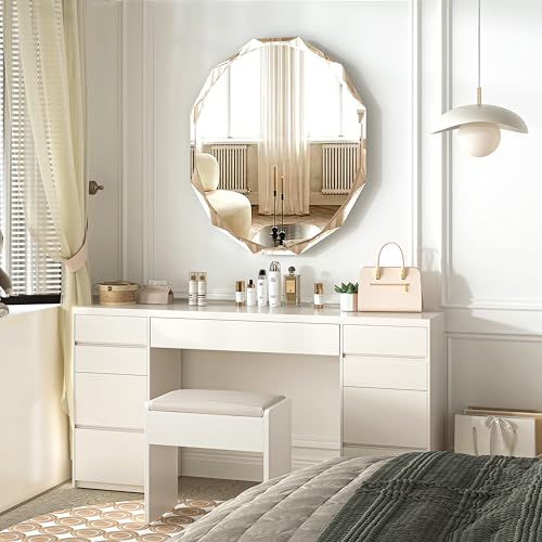 Muausu Beveled Edge Frameless Mirrors For Bathroom Sink 36'' X 30'' Oval Vanity Mirror Wall Mounted Scalloped Bathroom Mirror Horizontal/Vertical thumb #2