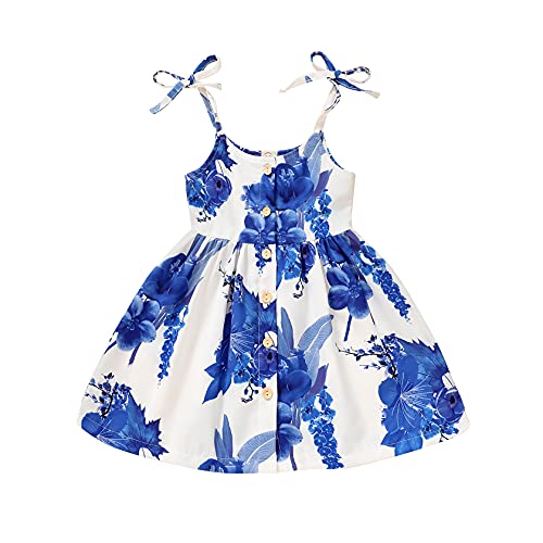 YOUNGER TREE 1-5T Toddler Kids Girls Summer Dress Sling Blue Floral Casual Dress Pattern Girls Party Dress Sleeveless
