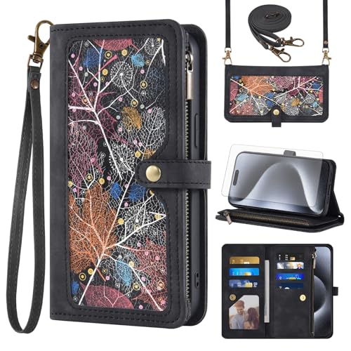 Étui iPhone 15 Pro Asuwish en cuir noir avec porte-cartes et support de protection