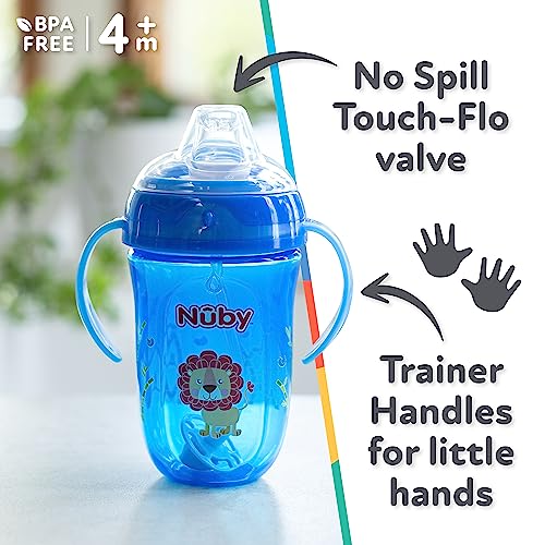 Nuby 2 Pack Comfort Trainer 2 Handle Cups With 360 Weighted Straw And Soft Silicone Spout, 9 Oz, Blue Lion And Red Monkey #TOP2