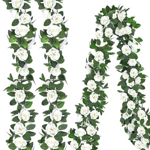 Aneco 4 Pack 32 FT White Flower Artificial Rose Vines Roses Fake Vine Flowers Plants Party Supplies for Holiday Wedding Garden Craft Art Decoration