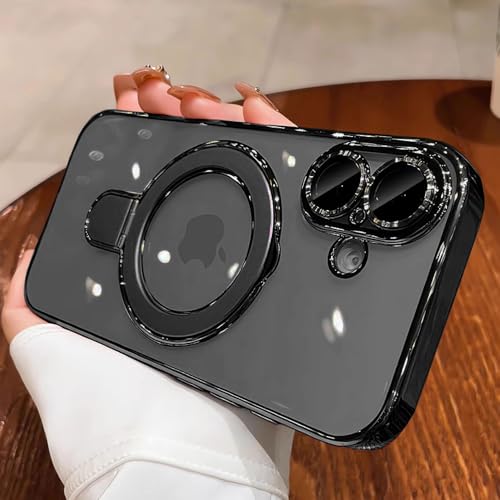 Image of Magnetic Case for iPhone 16 Plus Case Stand & Ring Holder Compatible with MagSafe Built-in Camera Lens Protector Shockproof Phone Case for iPhone 16 Plus 6.7 inch- Black