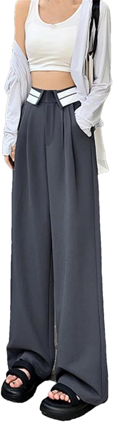 Women Solid High Waist Trousers Pockets Patchwork Loose Sports Straight Wide Leg Pants
