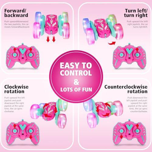 Amicool Remote Control Car for Girls 3-12 with Flashing Light, Toys 4 5 6 7 8 9 Years Old Girl Birthday Gifts Idea, RC Cars Stunt 4WD 2.4Ghz Double Sided 360° Flip, Present for Kids, Christmas, Pink