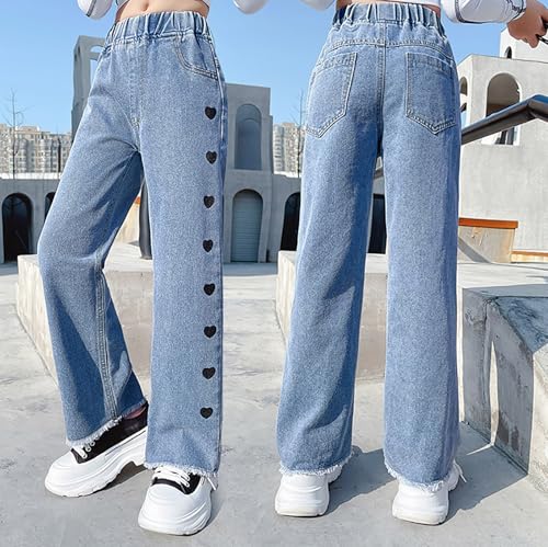 Baggy Heart Jeans for Kids Wide Leg Straight Elastic High Waisted, Y2k Casual Stylish Streetwear Denim Pants for Girls4