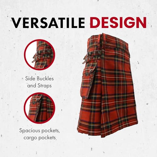 UT Kilts Men's Standard Tartan Utility Kilt, Modern Scottish Kilt for Everyday Wear, Tactical Kilts with Adjustable Hip Straps & Cargo Pockets for Men, Royal Stewart, 44" Waist