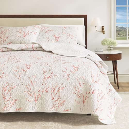 Great Bay Home Floral Quilt Set - 3-Piece Full/Queen Size Spring Bedding Set - Lightweight, All-Season, Reversible Bedspread (Cherry Blossom) Great Bay Home Floral Quilt Set - 3-Piece Full/Queen Size Spring Bedding Set - Lightweight, All-Season, Reversible Bedspread (Cherry Blossom)