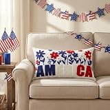 QIONG MENG 4th of July Pillow Covers 12x20 Inch Fourth of July Patriotic Independence Day Decor Embroidered Floral Lumber Pillowcase for Home Sofa Bedroom Farmhouse Cushion Case