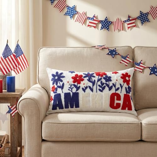 QIONG MENG 4th of July Pillow Covers 12x20 Inch Fourth of July Patriotic Independence Day Decor Embroidered Floral Lumber Pillowcase for Home Sofa Bedroom Farmhouse Cushion Case