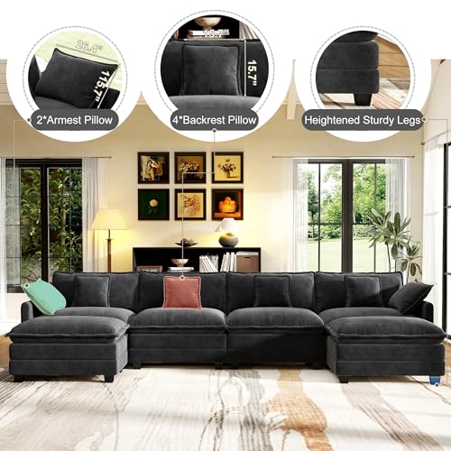 Image of 146 inch Cloud Couch Sectional Modular Sofa, Deep Seat Couches with Ottoman and Removable Washable Pillows for Living Room, Bedroom, Apartment, Black