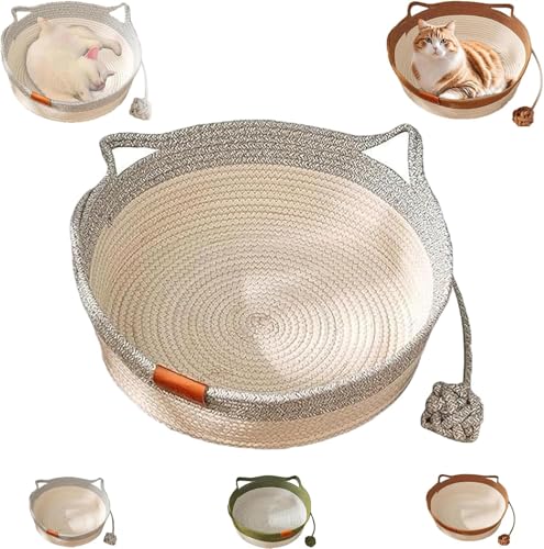Handgeweven krasbestendig ademend weefsel, instinct mand, Stimulicat kattenbed, Stimulicat kattenbed, touw katoen met kussen, elimineert bedafwijzing ronde huisdiermand (grijs, medium)
