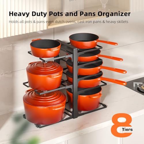 Image of MUDEELA 8-Tier Pots and Pans Organizer under Cabinet, 15.9 inch H Heavy-duty | 120LBS capacity, 2 Installation Options, Adjustable pot rack holds cast-iron pans, skillets, griddles and shallow pot