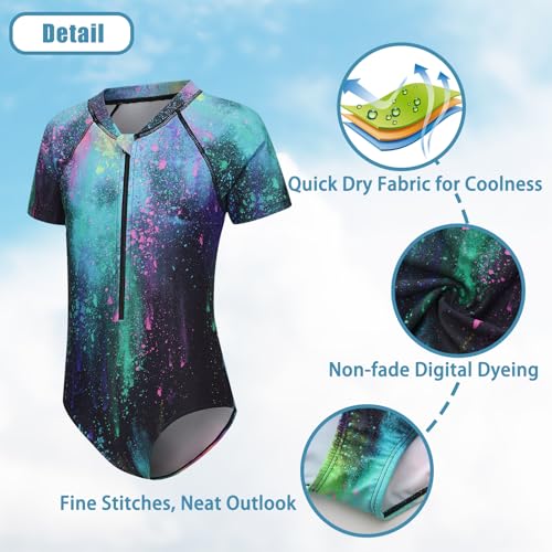 Image of Girls One Piece Rash Guard Swimsuits for Kids Girls Short Sleeve Bathing Suits with Front Zipper Swimwear 3-16 Years