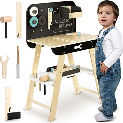 Ricokids Taller de madera, banco de trabajo sobre una mesa, juego de manualidades, muchas herramientas y accesorios, juguete creativo, con pizarra de tiza, elegante, estable, 50 x 30 x 74 cm Cover