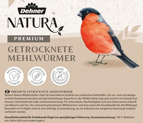 Dehner Natura Premium Wildvogelfutter, Wildvogelsnack, Getrocknete Mehlwürmer, Ganzjahresfutter proteinreich, hochwertiges Vogelfutter für Wildvögel, 500 g