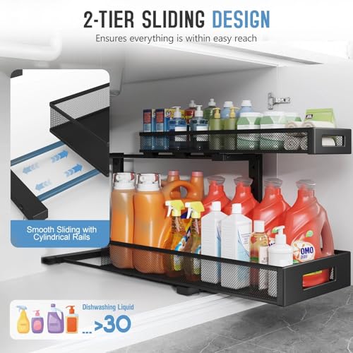 Image of 2 Pack 20.47IN Depth Under Sink Storage Organizer, Large 2-Tier Elegant Mesh Pull Out Shelf for Kitchen and Bathroom Cabinet Organization, L-Shaped and Adjustable Height Design-Black