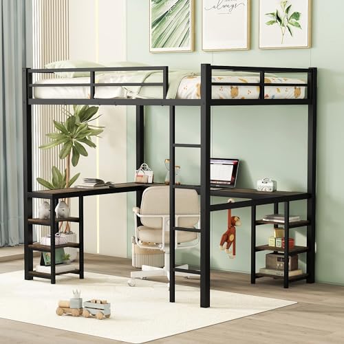 FIVESHOW Full Metal Loft Bed with Desk and Shelves, Heavy Duty Black Loft Bed Frame for Teen & Adult Bedroom, Office Study Space Saving Furniture