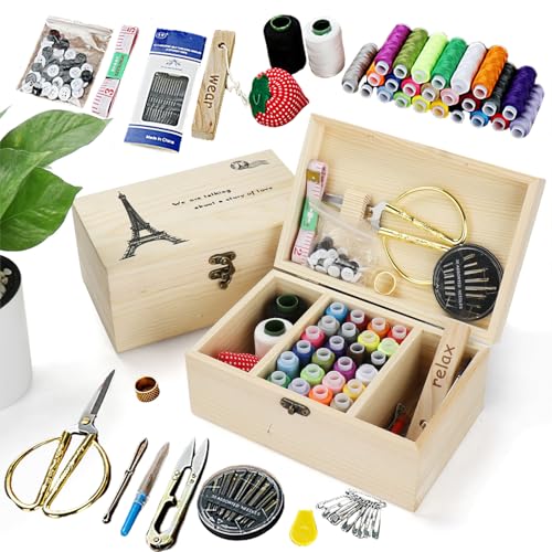 MKNZOME Scatola da Cucito in Legno - Premium Cestino da Cucito Vintage con Accessori da Cucito Completi, Portatile Valigetta Sarta per Principianti, Casa e Emergenza Uso#1