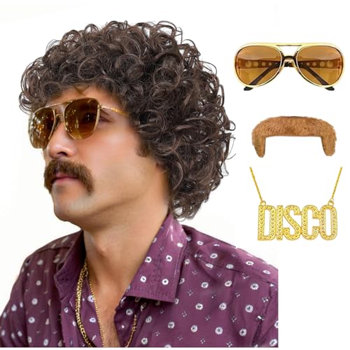 Image of Mens Short Afro Wig,70s Outfits for Men,70s Wigs for Men,Pelucas Para Hombres,80s Disco Costumes wig (Medium Brown)
