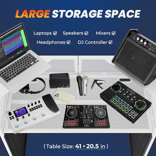 Image of CAHAYA DJ Booth Stand Portable - DJ Table Facade with Black & White Scrims DJ Stand Foldable for Laptop & Controller Double Top Corners, Storage Bag, Cable Holes, 40 inchL x 20 inchW, White
