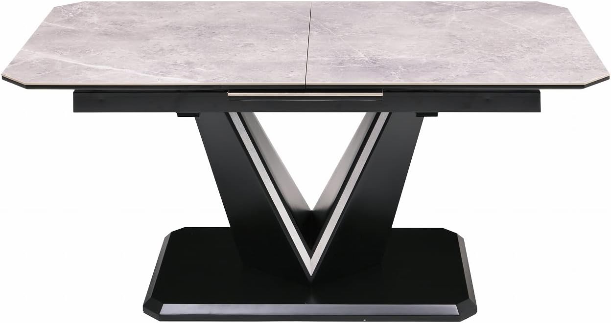 Easy One-Touch Heat-Resistant Scratch-Resistant Ceramic Dining Table, Extendable 160-200 cm, Ceramic Tabletop, Ceramic Table, Oka Furniture, for 4-6 People, Dining Table, Gaia (Tabletop GY/Legs BK)