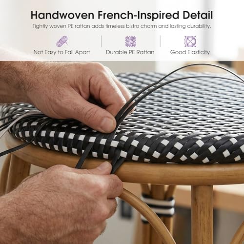 Image of PURPLE LEAF Outdoor French Round 30 inch Bar Stool Set of 2 Oversized Rattan Armless Barstools Bamboo Finish Aluminum Frame Footrest with Handwoven Wicker for Indoor Patio Yard Bistro Black