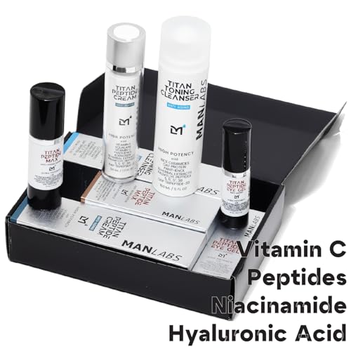 Man Labs Titan Peptide 4-Piece Anti-Aging Mens Skin Care Kit –Mens Face Serum, Eye Cream, Men Face Moisturizer, Wash –Skin Care Men –Dark Circles, Wrinkles, Spots –Vitamin C, Niacinamide, HA Unscented