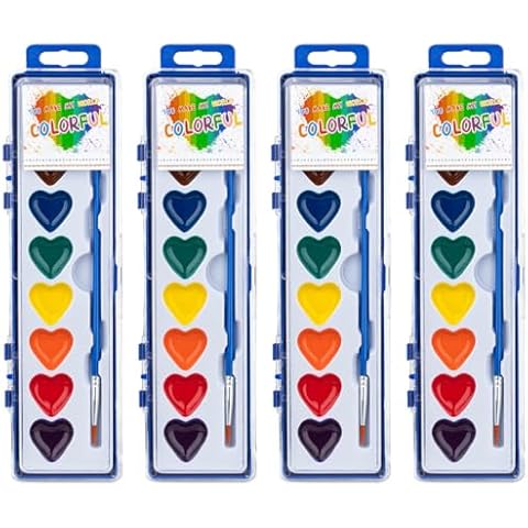 ARTLYMERS 4 Pack Water Color Paint Sets for Kids, 8 Colors Heart Watercolor Paint Set with Paintbrush Washable, Valentines Gifts Art Supplies for Preschool Classroom Party Favor Prizes Exchange Cover