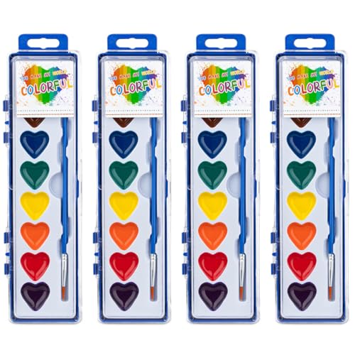 ARTLYMERS 4 Pack Water Color Paint Sets for Kids, 8 Colors Heart Watercolor Paint Set with Paintbrush Washable, Valentines Gifts Art Supplies for Preschool Classroom Party Favor Prizes Exchange