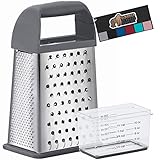 Gorilla Grip 100% BPA Free 4-Sided Stainless Steel Cheese Grater, XL Box Graters for Parmesan, Vegetables, Ginger, Shred Slice and Zest, Soft Grip Handle, Dishwasher Safe, Includes Container, Gray