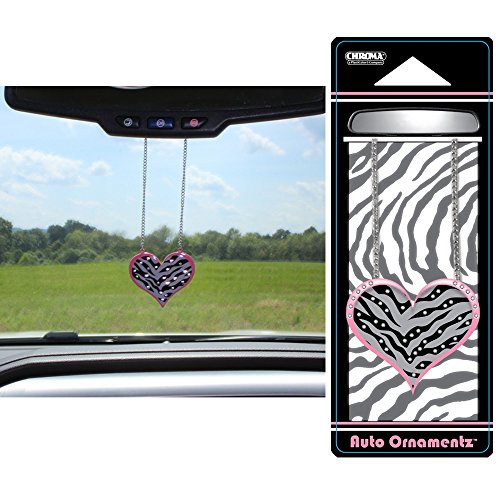 Pink Outline Zebra with Black Stripes Print Heart with Gem Clear Crystals Animal Print Safari Wild Series Auto Car Truck SUV Vehicle Universal-fit Rear View Mirror Ornament - Auto Ornamentz