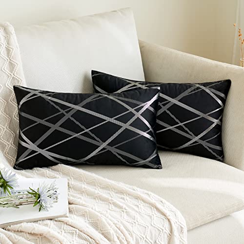 Anroduo Pack Of 2 Throw Pillow Covers Decorative Velvet Sliver Linen Design Pillowcase Soft Solid Decoration Cushion Case Square For Couch Sofa Bed Chair Living Room 12X20 Inch Black #TOP1
