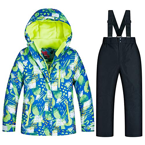 LPATTERN Kids Boys/Girls 2-Pieces Ski Suit Snowboard Suit Skiing Outfit Waterproof Snowsuit Ski Jacket Hooded & Snow Bib Pants/Trousers,Blue Green White+Black,10-11 Years