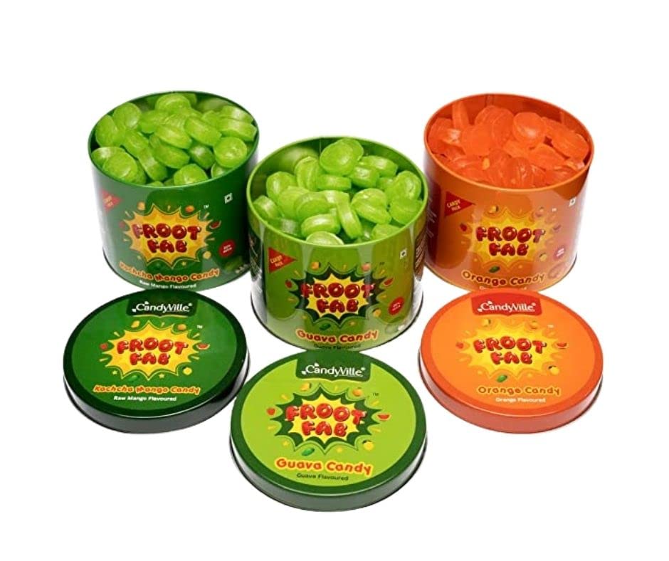 Image of CandyVille Frootfab Candy Tin Combo Pack (Pack Of 3) | Each Of Orange, Kachcha Mango And Guava Flavoured Candies | Mix Fruit Candies | Candy Pack | Sweets In Tin, 1020 Gram