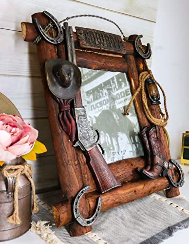 Ebros Gift Rustic Western Wild West Cowboy Hat Rifle Boot Spur Horseshoes Braided Lasso Ropes Picture Frame With Easel Back Stand Or Wall Hanger Cowboys Cowgirls Desert Old World Themed Accent #TOP5