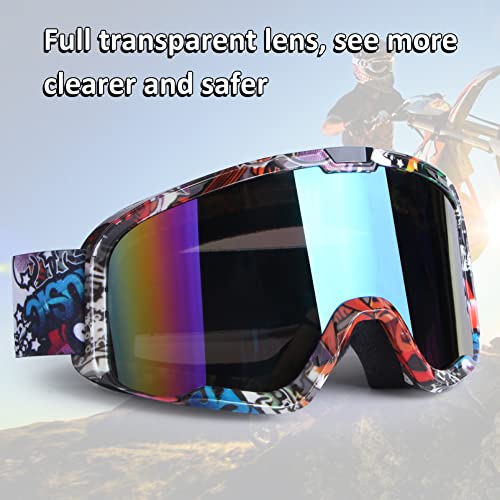 Image of Dirt Bike ATV Goggles Motorcycle Motocorss Riding Racing Glasses | Offroad Bike Goggles, UV400, Anti-Fog Scratch Lens, Dustproof Windproof, for Men Women Youth, Graffiti Frame + Colorful Lens
