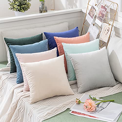 Image of MIULEE Pack of 2, Velvet Soft Solid Decorative Square Throw Pillow Covers Set Cushion Cases Pillowcases for Sofa Bedroom 14x14 Inch Greyish White